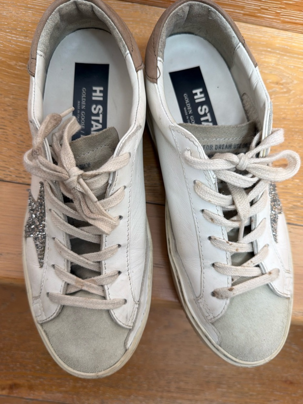 Golden Goose White & Beige  Hi Star Sneakers with Silver Glitter Star - Picture 3 of 4
